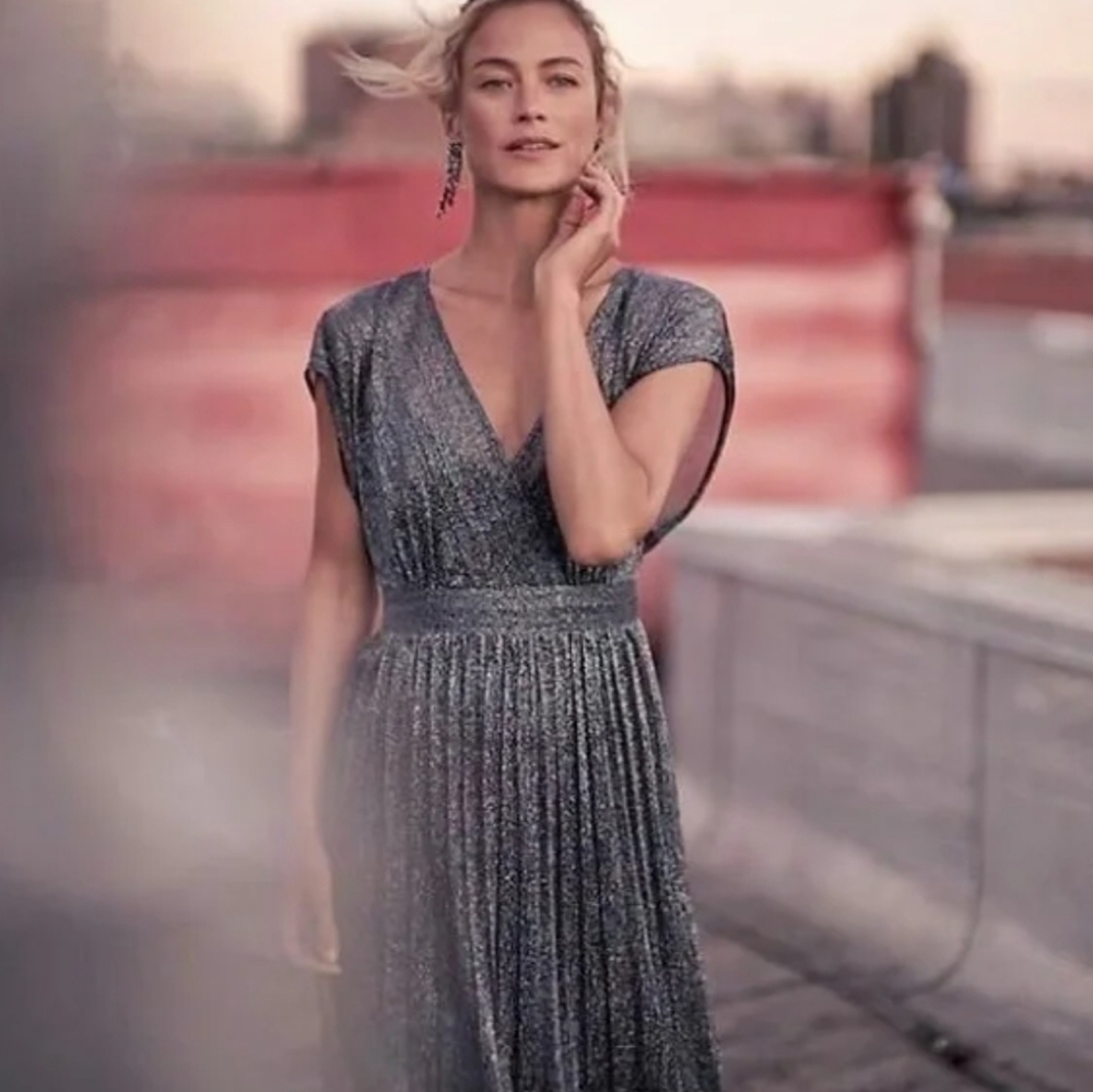 NWT Anthropologie Moulinette Soeurs Pleated Metallic Wrap Midi Dress Size 10